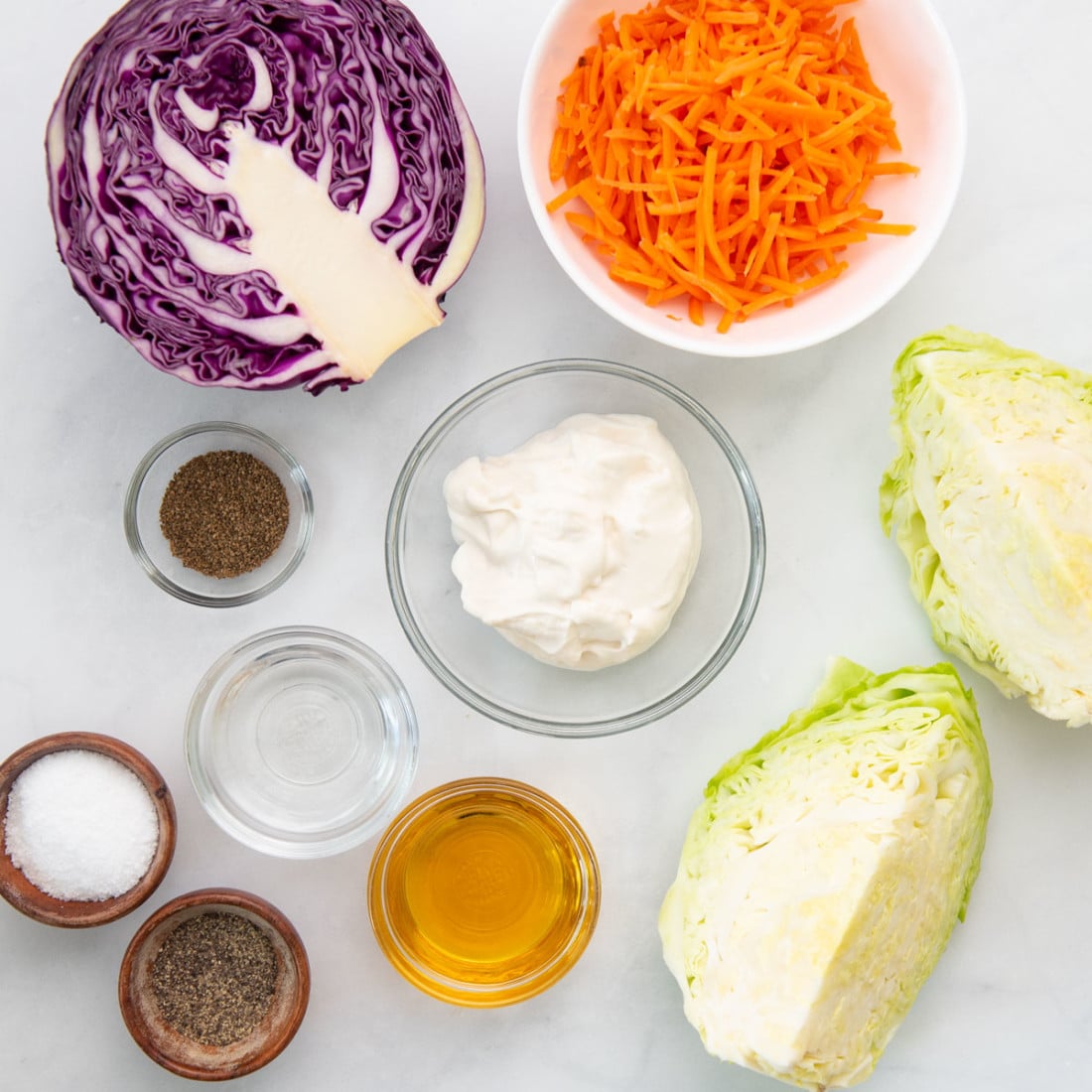 cabbage, carrots, plant-based mayo, seasonings, vinegar