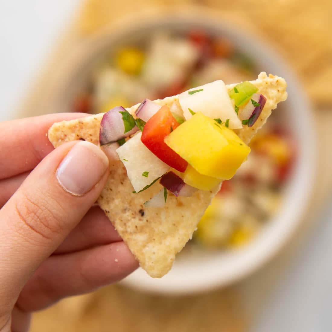 close up tortilla chip with scoop of fruit salsa